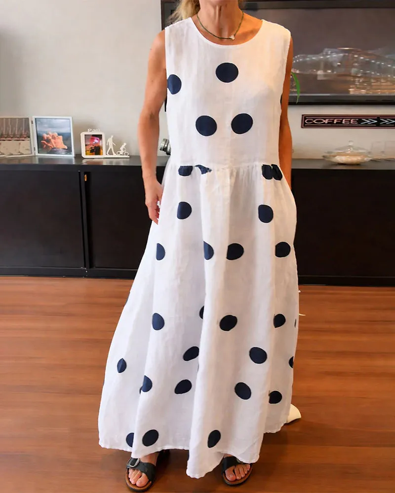 Chic Polka Dot Sleeveless Maxi Dress with Utility Pockets sold by zeagoo