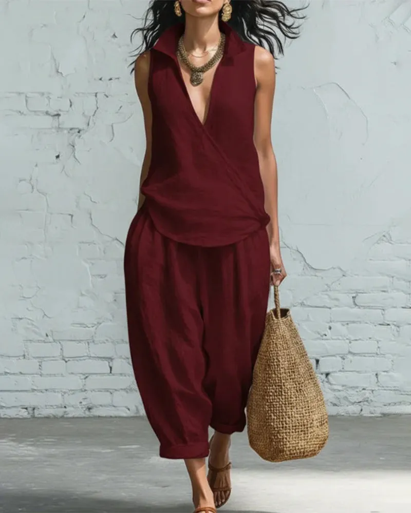 Summer Breathable Linen Textured Capri Pants Set sold by zeagoo product image thumbnail 3