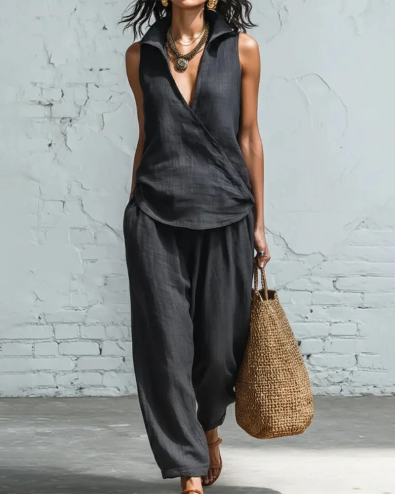 Summer Breathable Linen Textured Capri Pants Set sold by zeagoo product image thumbnail 4