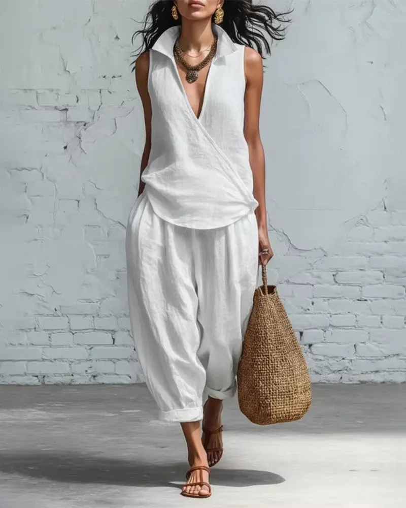 Summer Breathable Linen Textured Capri Pants Set sold by zeagoo product image thumbnail 2