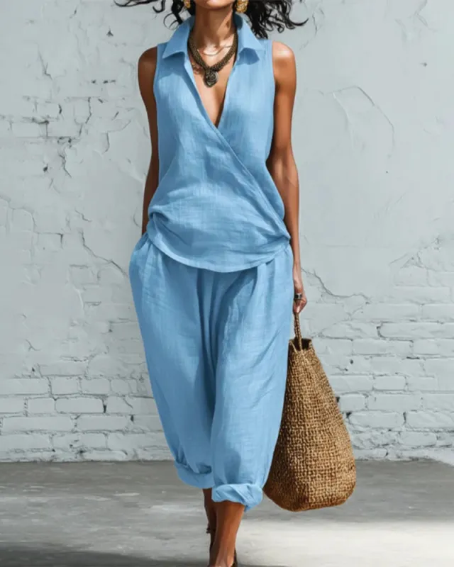 Summer Breathable Linen Textured Capri Pants Set made by zeagoo