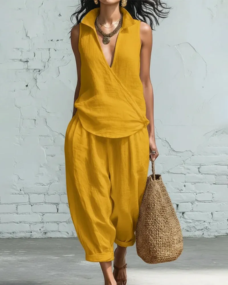 Summer Breathable Linen Textured Capri Pants Set sold by zeagoo product image thumbnail 5