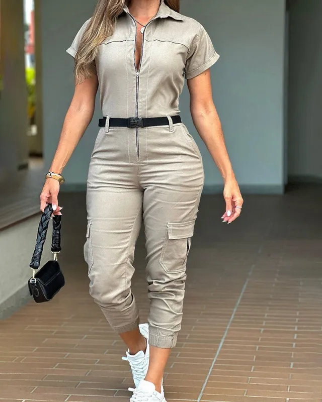 Casual Zip Up Short Sleeve Cargo Romper with Belt made by zeagoo