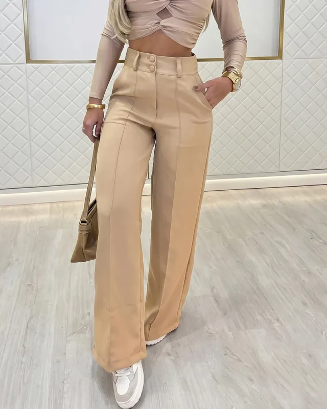 Business Casual Crease Line Wide Leg Suit Pants made by zeagoo