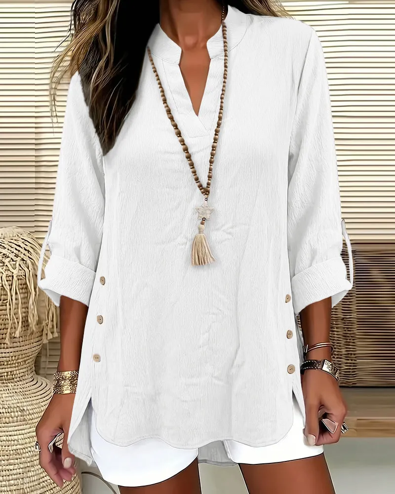 Casual Decorative Buttons 3/4 Sleeve Textured Blouse sold by zeagoo product image thumbnail 4