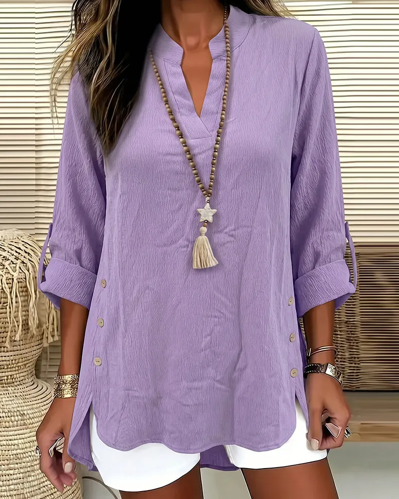Casual Decorative Buttons 3/4 Sleeve Textured Blouse sold by zeagoo