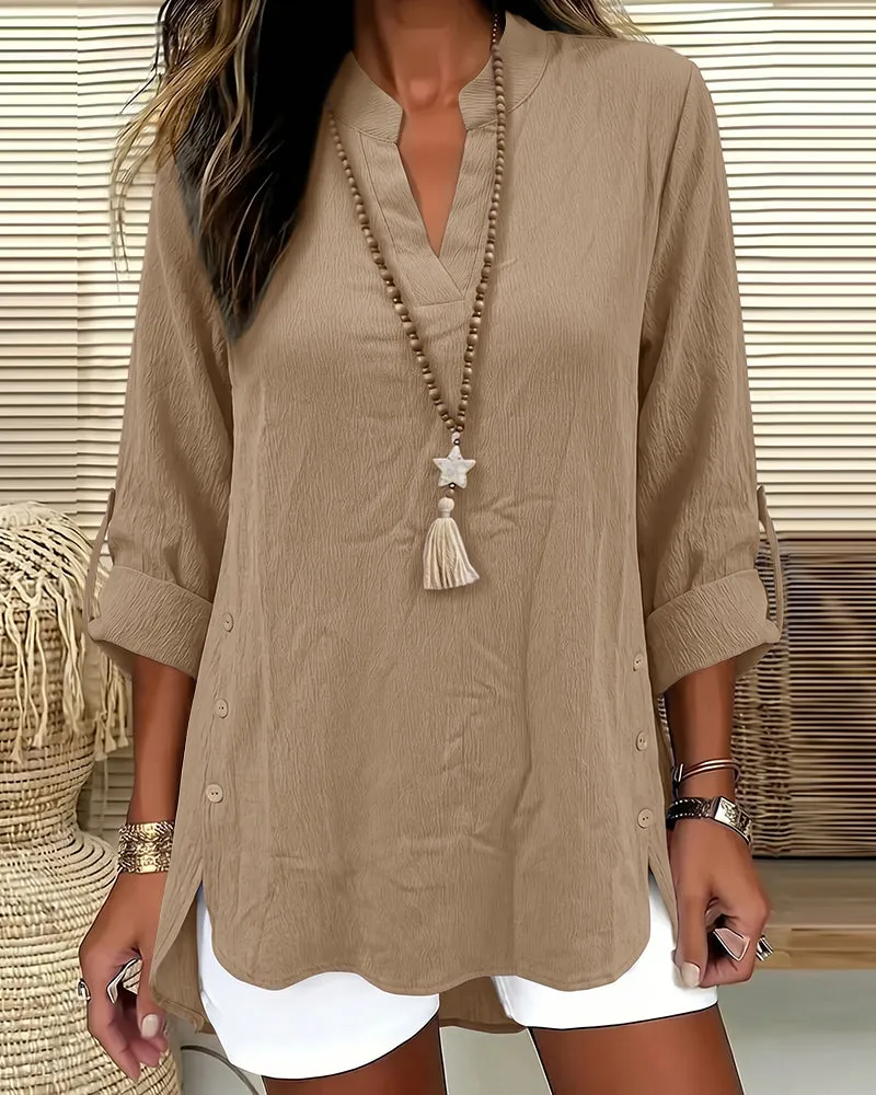 Casual Decorative Buttons 3/4 Sleeve Textured Blouse sold by zeagoo product image thumbnail 2