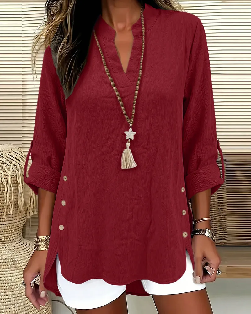 Casual Decorative Buttons 3/4 Sleeve Textured Blouse sold by zeagoo product image thumbnail 5