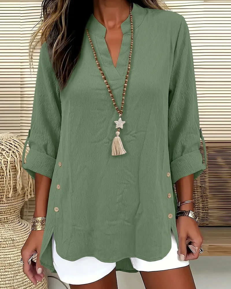 Casual Decorative Buttons 3/4 Sleeve Textured Blouse sold by zeagoo product image thumbnail 3