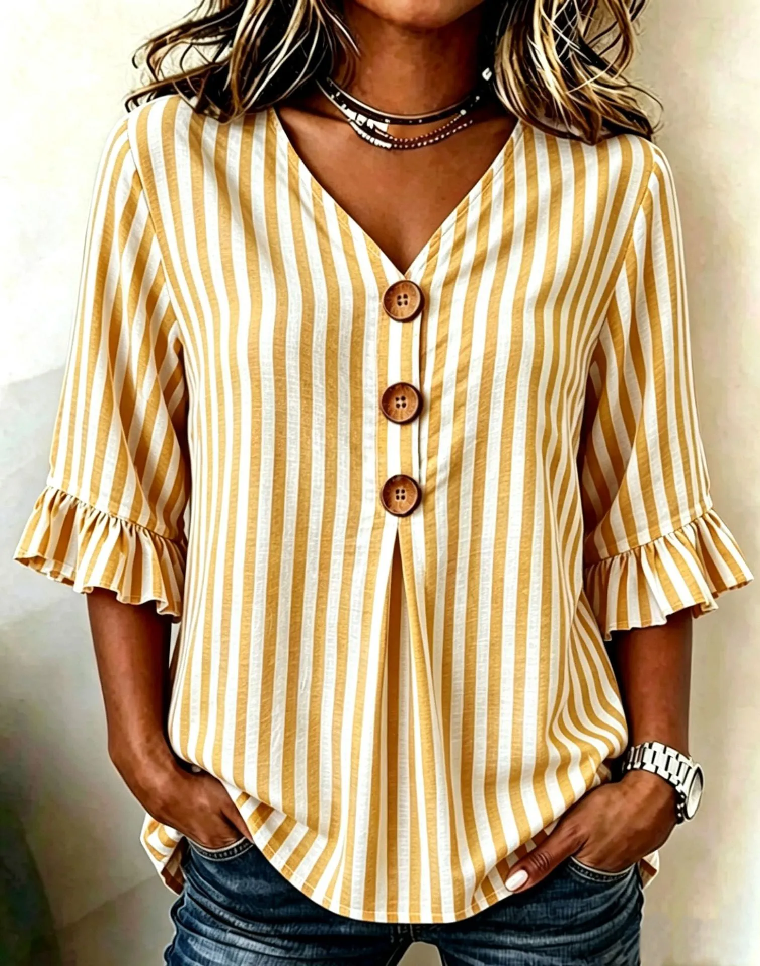 Elegant Striped V-neck Half Sleeve Blouse sold by zeagoo product image thumbnail 5