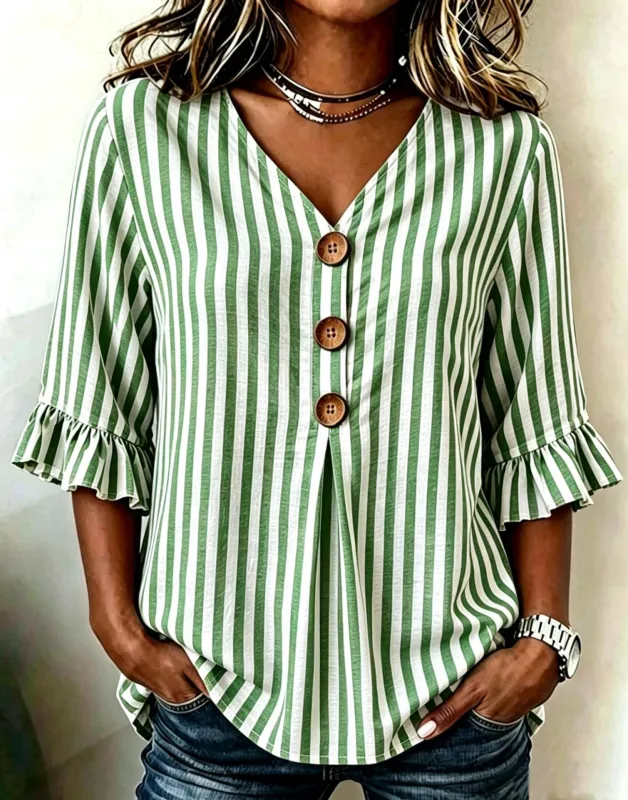 Elegant Striped V-neck Half Sleeve Blouse made by zeagoo