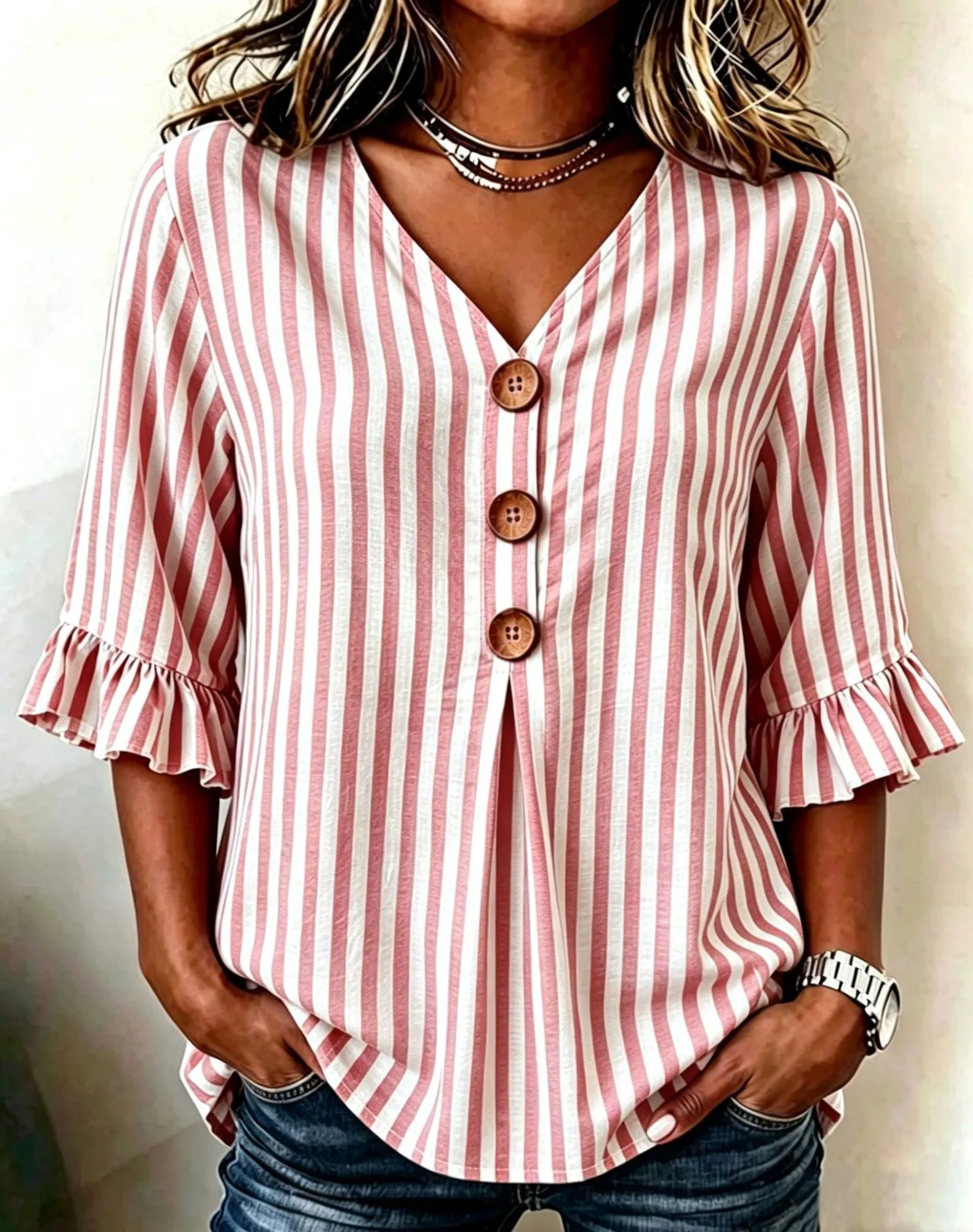 Elegant Striped V-neck Half Sleeve Blouse sold by zeagoo product image thumbnail 3