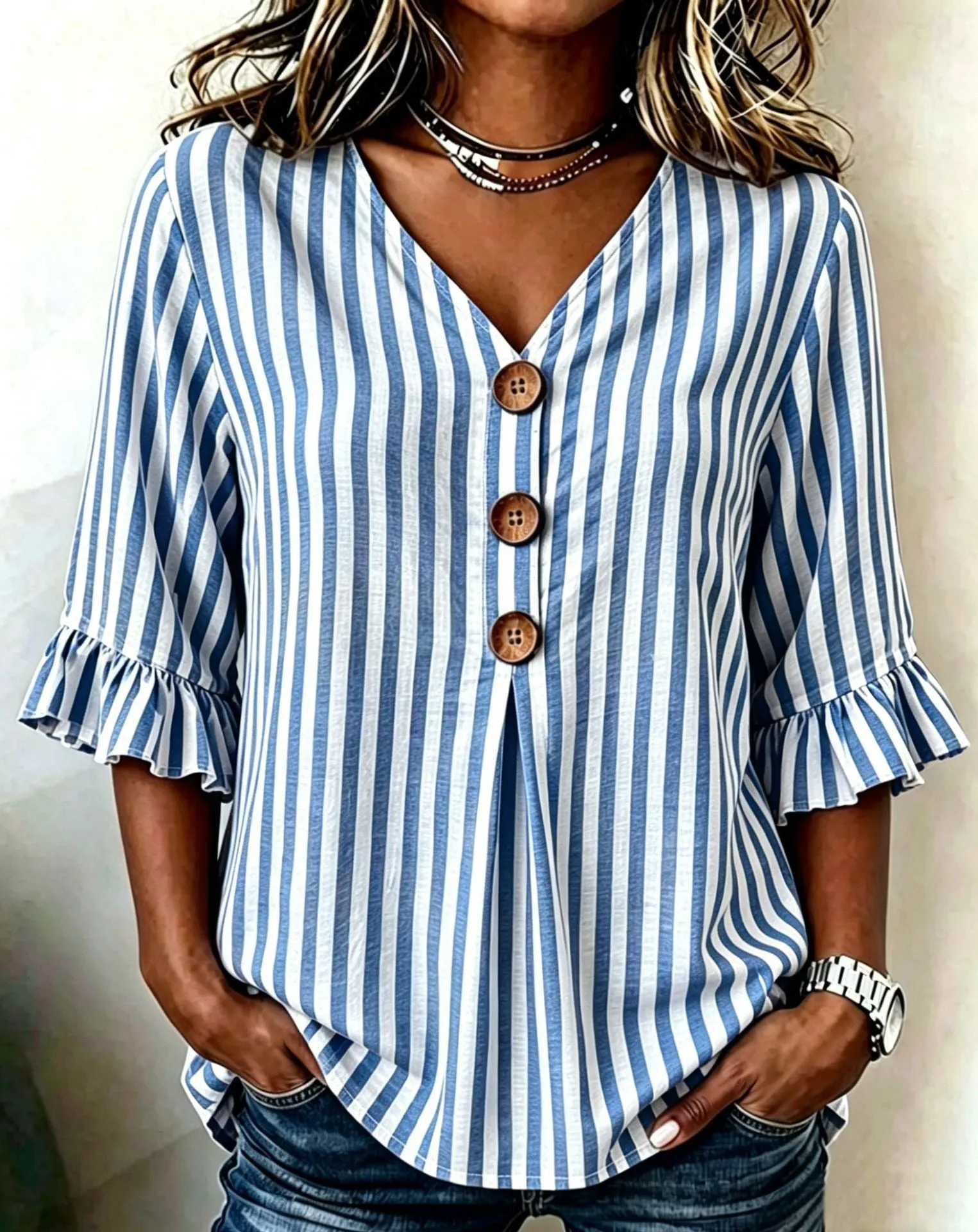 Elegant Striped V-neck Half Sleeve Blouse sold by zeagoo product image thumbnail 4