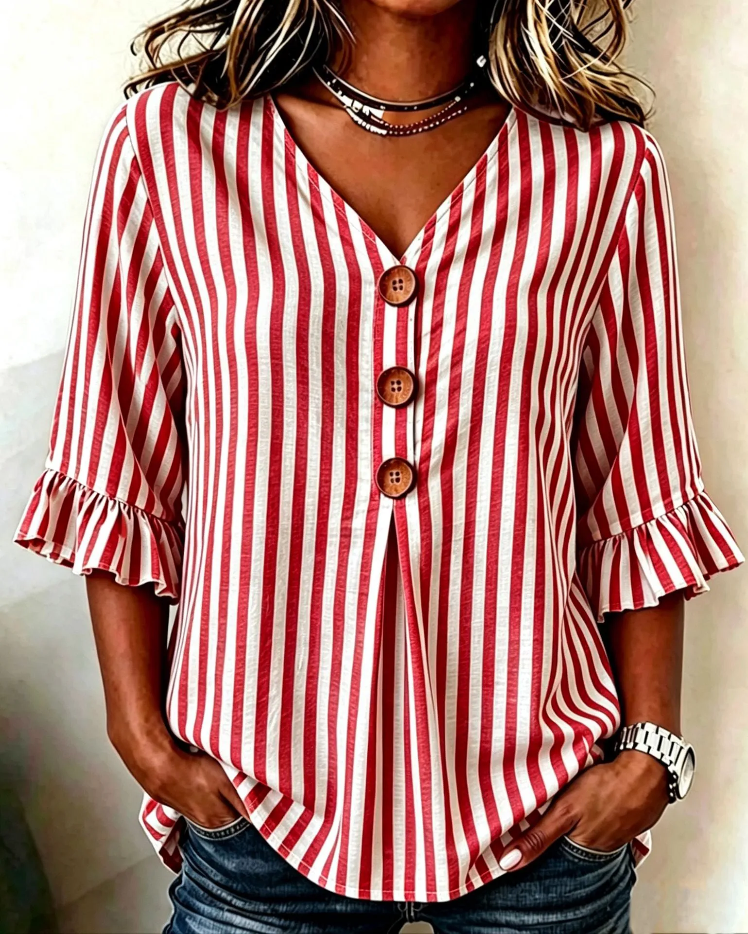 Elegant Striped V-neck Half Sleeve Blouse sold by zeagoo product image thumbnail 2