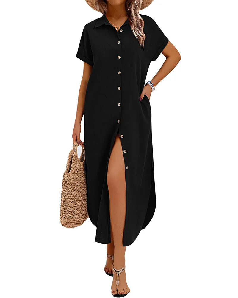 Summer Casual Button Down Long Shirt Dress with Pockets (US Only) sold by zeagoo product image thumbnail 4