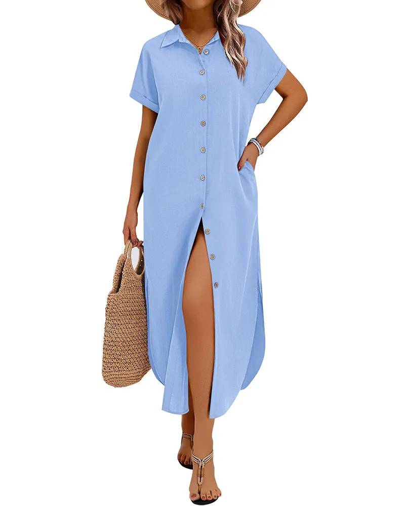 Summer Casual Button Down Long Shirt Dress with Pockets (US Only) sold by zeagoo product image thumbnail 5