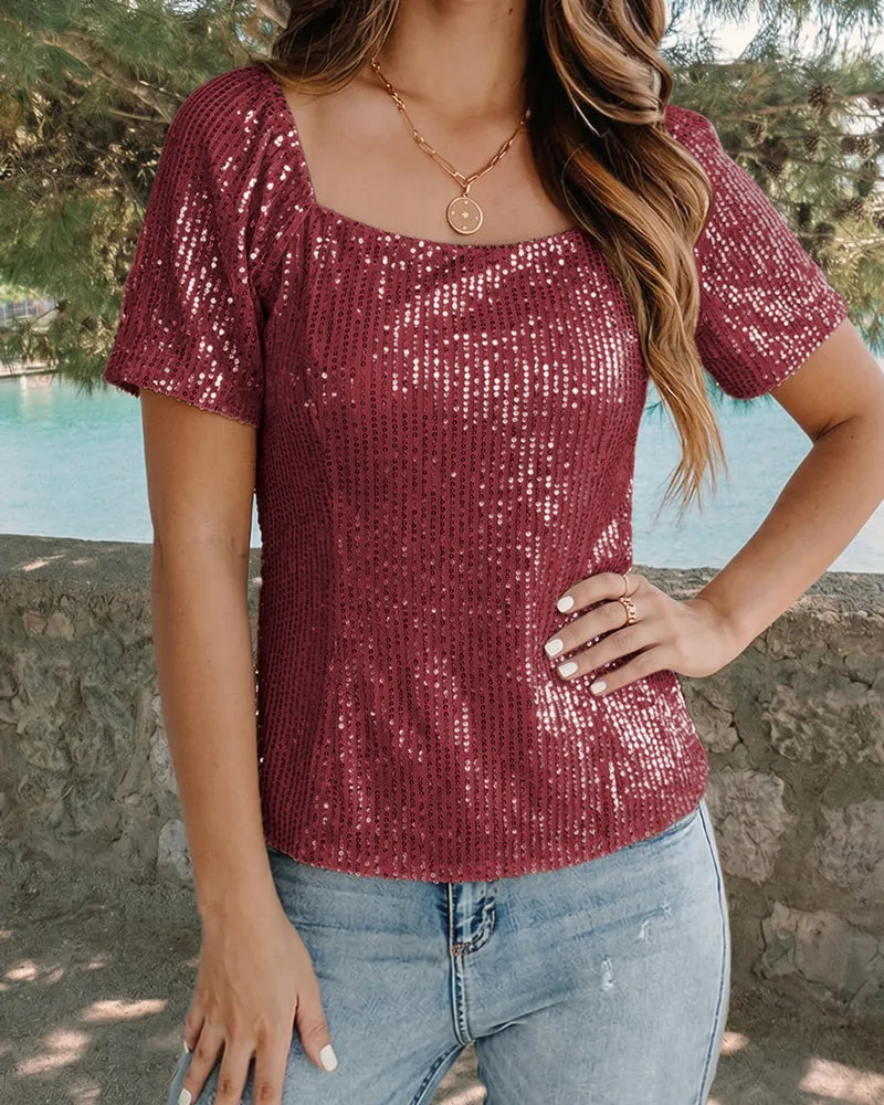 Shimmer Square Neck Sequin Puff Sleeve Top sold by zeagoo product image thumbnail 4