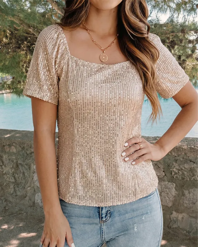 Shimmer Square Neck Sequin Puff Sleeve Top made by zeagoo