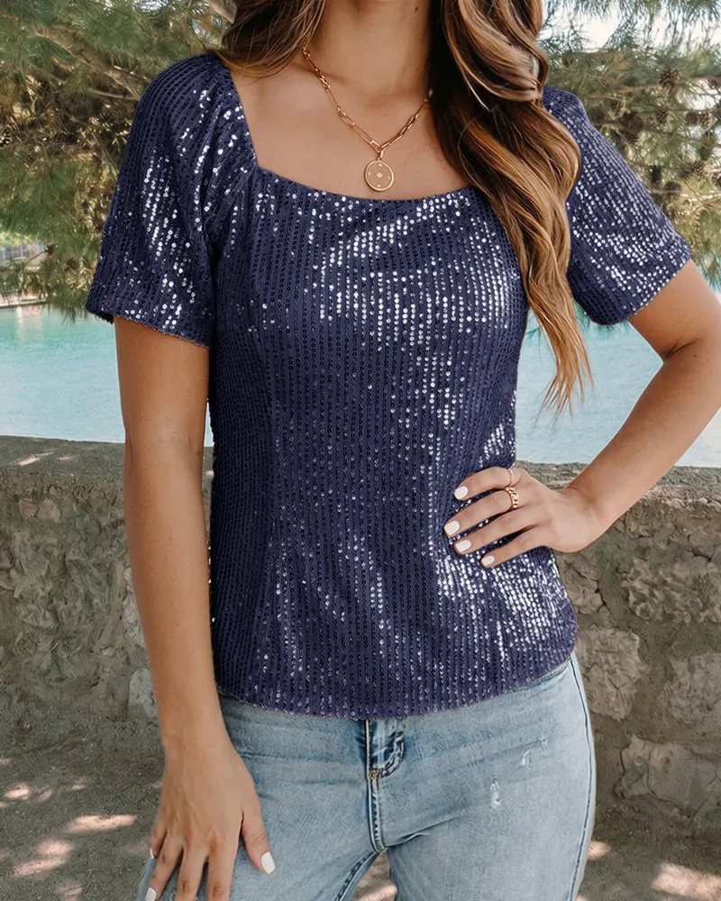 Shimmer Square Neck Sequin Puff Sleeve Top sold by zeagoo product image thumbnail 2
