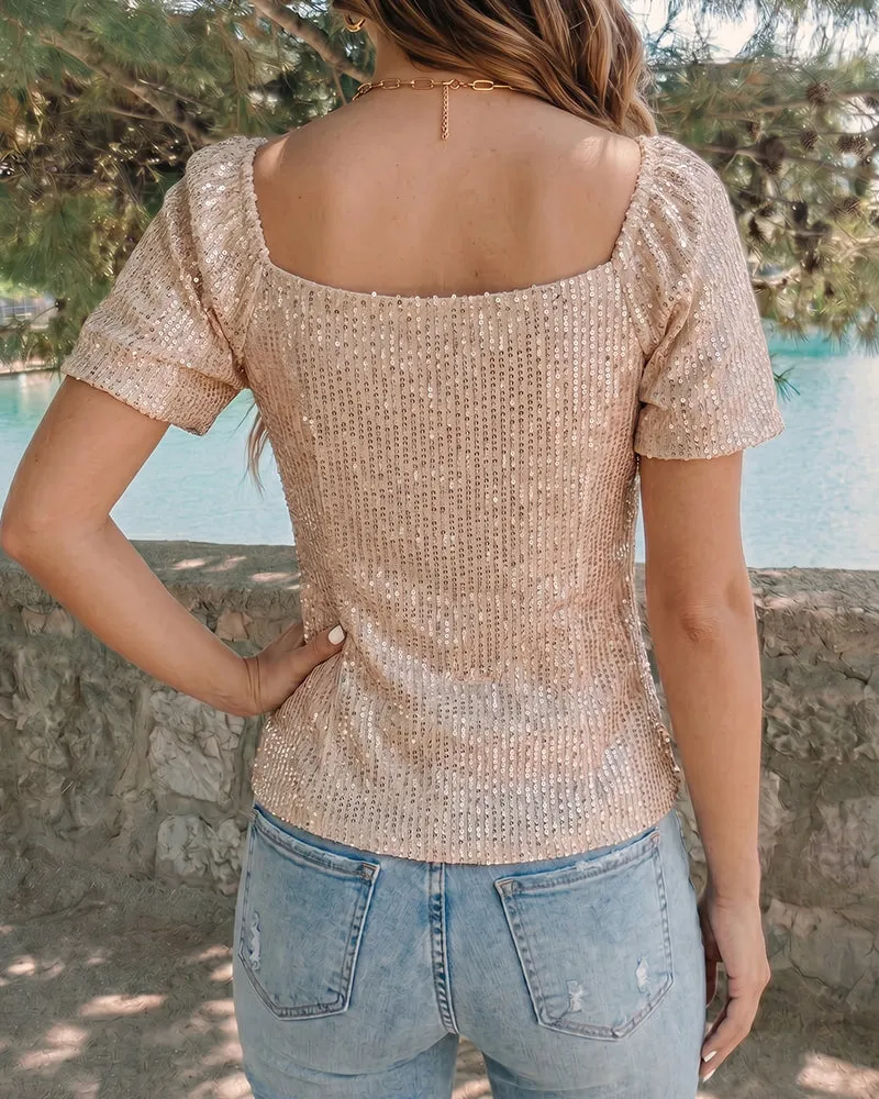 Shimmer Square Neck Sequin Puff Sleeve Top sold by zeagoo product image thumbnail 5