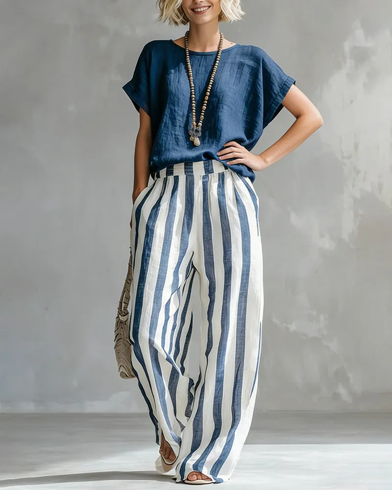 Daily Casual Short Sleeve T-shirt Stripe Pants Set sold by zeagoo