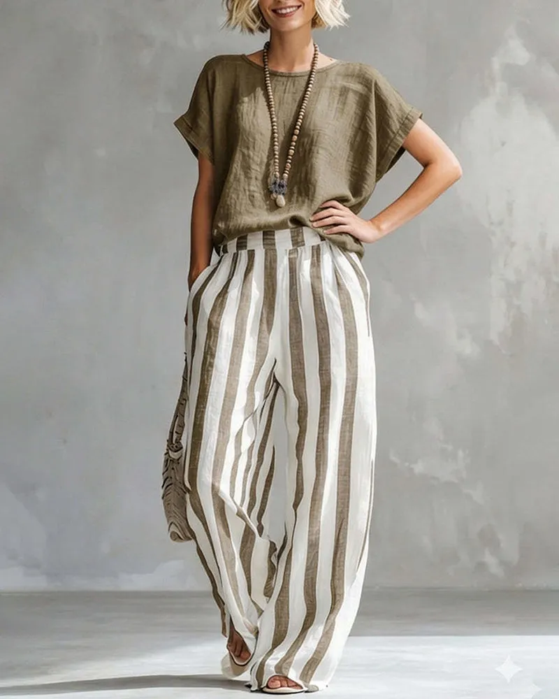 Daily Casual Short Sleeve T-shirt Stripe Pants Set sold by zeagoo product image thumbnail 3