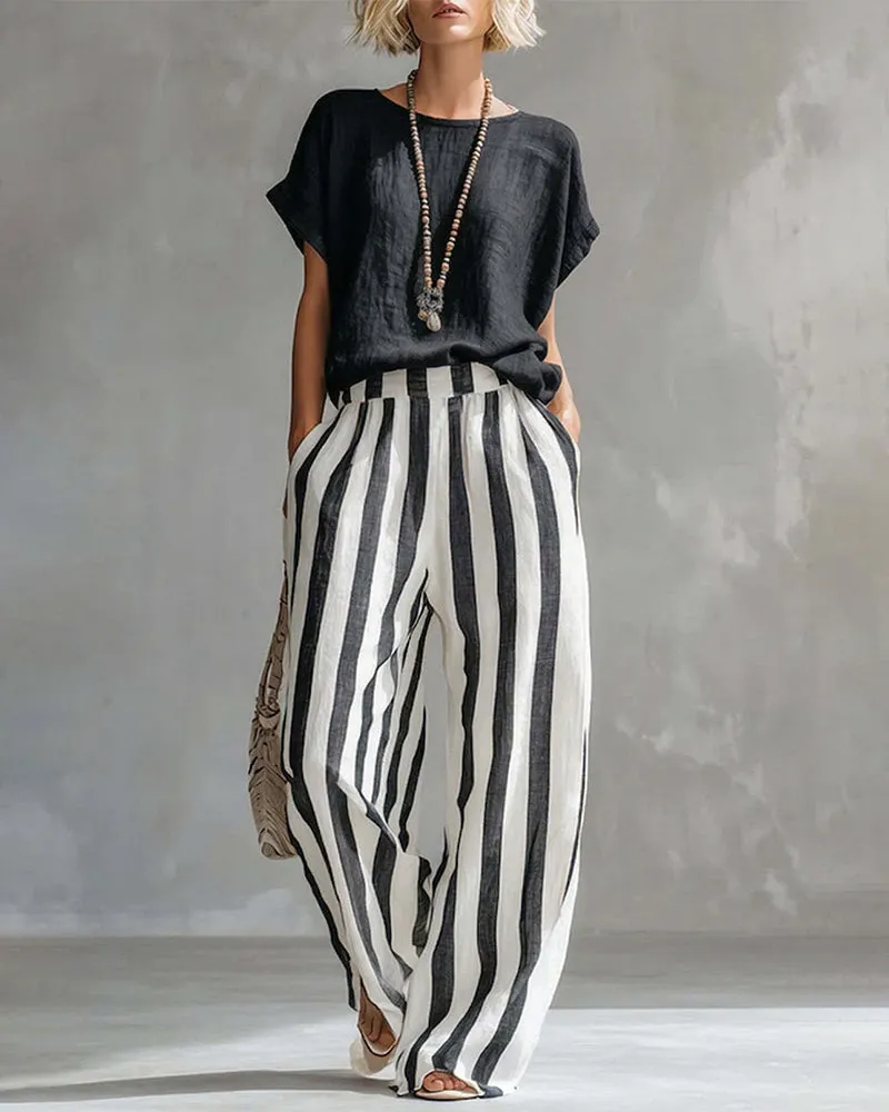 Daily Casual Short Sleeve T-shirt Stripe Pants Set sold by zeagoo product image thumbnail 4