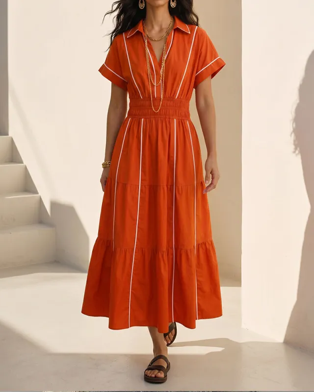 Chic Contrast Piping Cinched Waist Shirt Dress made by zeagoo