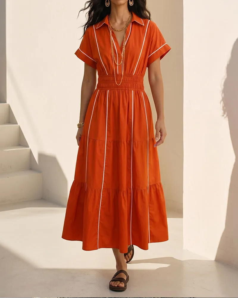 Chic Contrast Piping Cinched Waist Shirt Dress sold by zeagoo