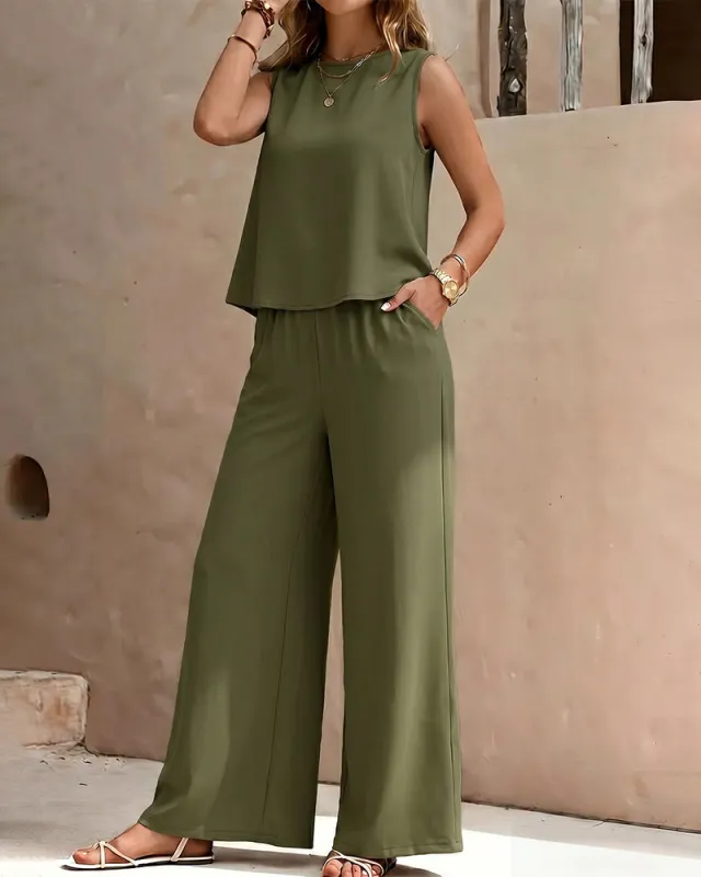 Minimalist Relaxed Fit Sleeveless Two Piece Set made by zeagoo