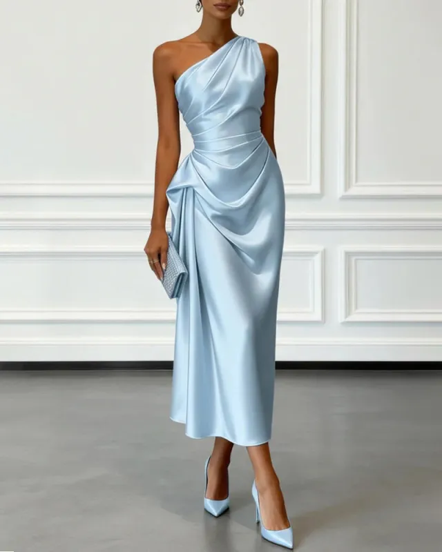 Elegant Satin Ruched One Shoulder Cocktail Dress made by zeagoo
