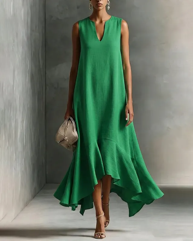 Minimalist Loose V-neck Sleeveless Ruffled Dress made by zeagoo