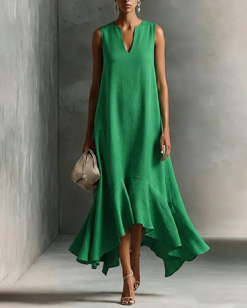 Minimalist Loose V-neck Sleeveless Ruffled Dress sold by zeagoo