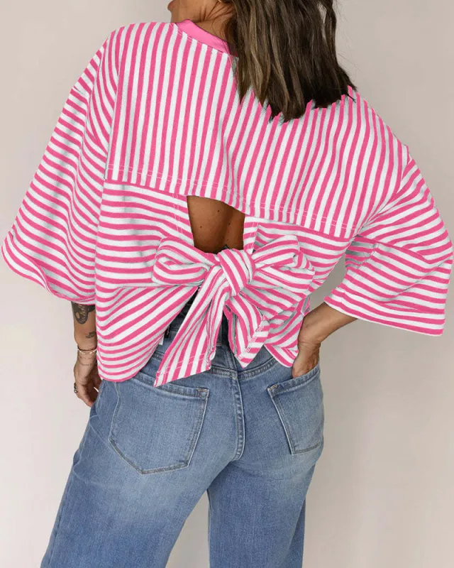 Fashion Stripe Bow Tie Batwing Sleeves Top made by zeagoo