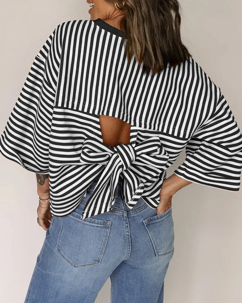 Fashion Stripe Bow Tie Batwing Sleeves Top sold by zeagoo product image thumbnail 3