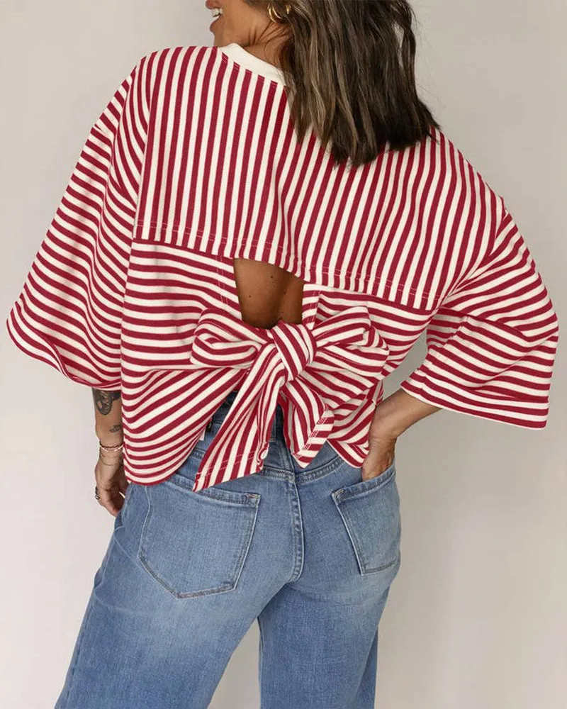 Fashion Stripe Bow Tie Batwing Sleeves Top sold by zeagoo product image thumbnail 4