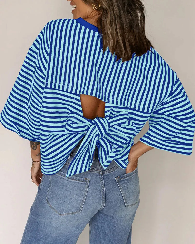 Fashion Stripe Bow Tie Batwing Sleeves Top sold by zeagoo product image thumbnail 5