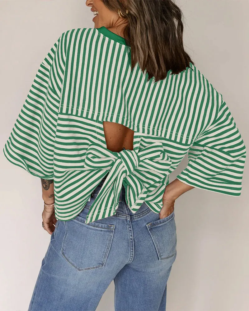 Fashion Stripe Bow Tie Batwing Sleeves Top sold by zeagoo product image thumbnail 2