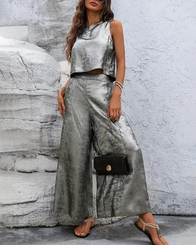 Effortless Metallic Texture Fabric Two-Piece Set made by zeagoo