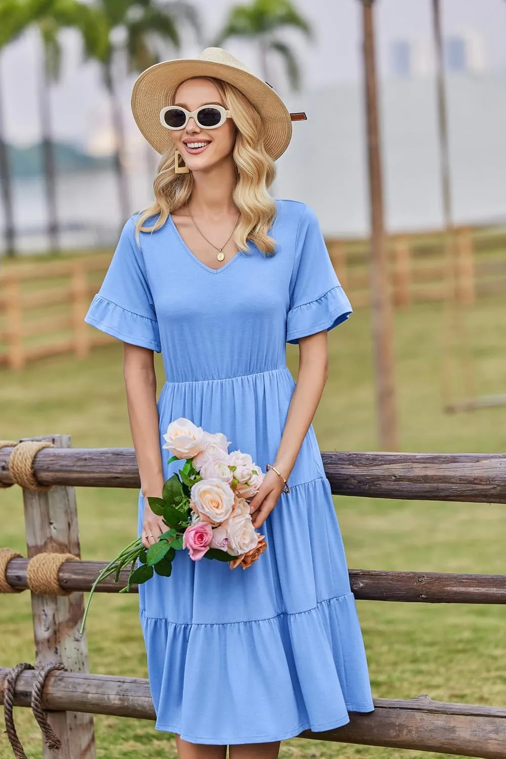 Zeagoo Damen Elegant V-Ausschnitt Kleider A Linie Kurzarm Freizeitkleid (DE Only) sold by zeagoo product image thumbnail 5
