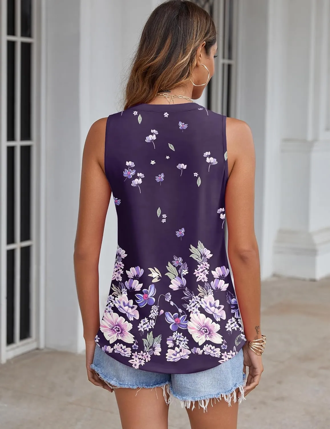Zeagoo Tank Tops Pleated V Neck Floral Solid Loose Fit Tops sold by zeagoo product image thumbnail 3