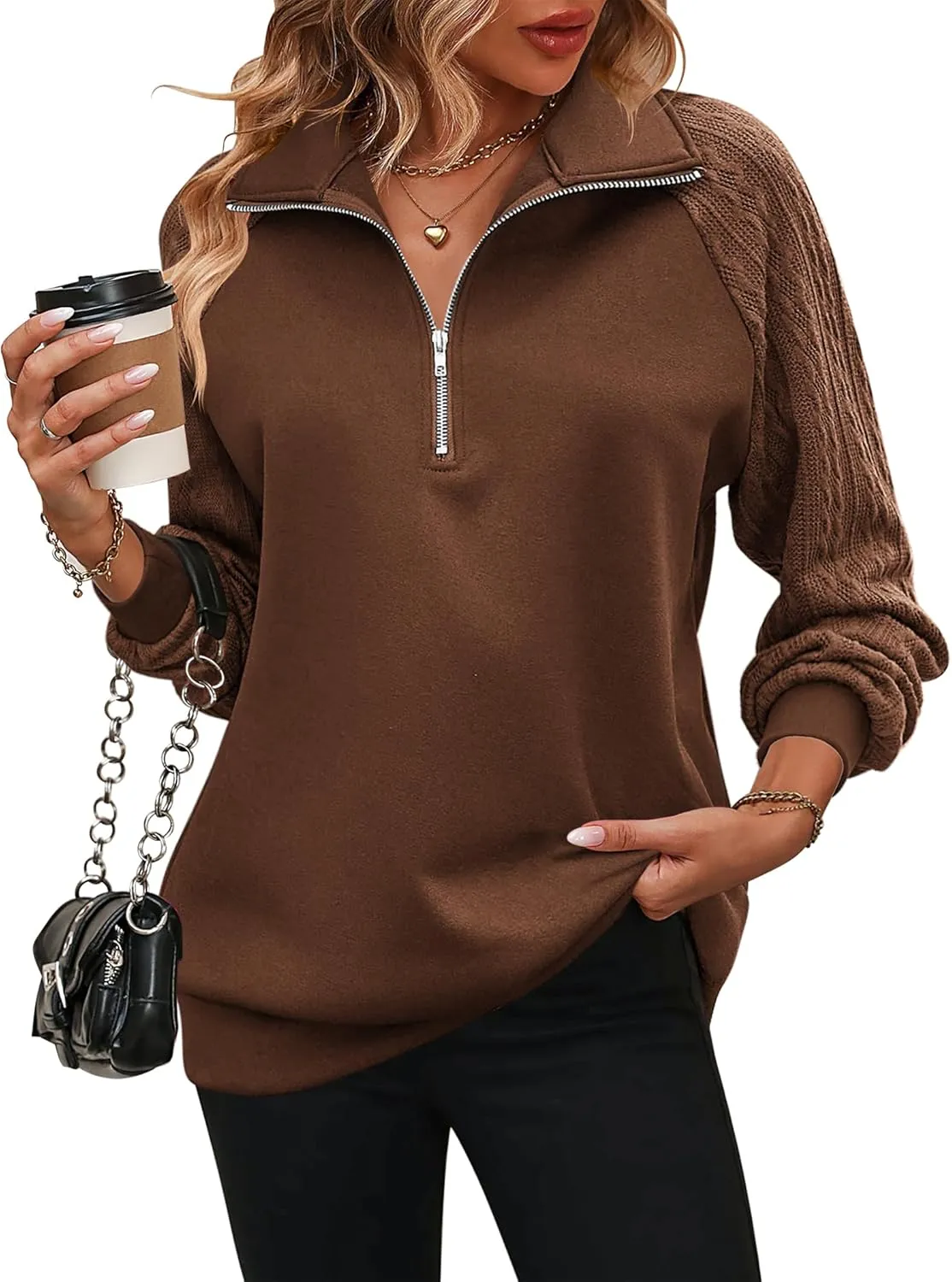 Zeagoo Women's Sweatshrits Quarter Zip Pullover Casual Cable Outfits sold by zeagoo product image thumbnail 4