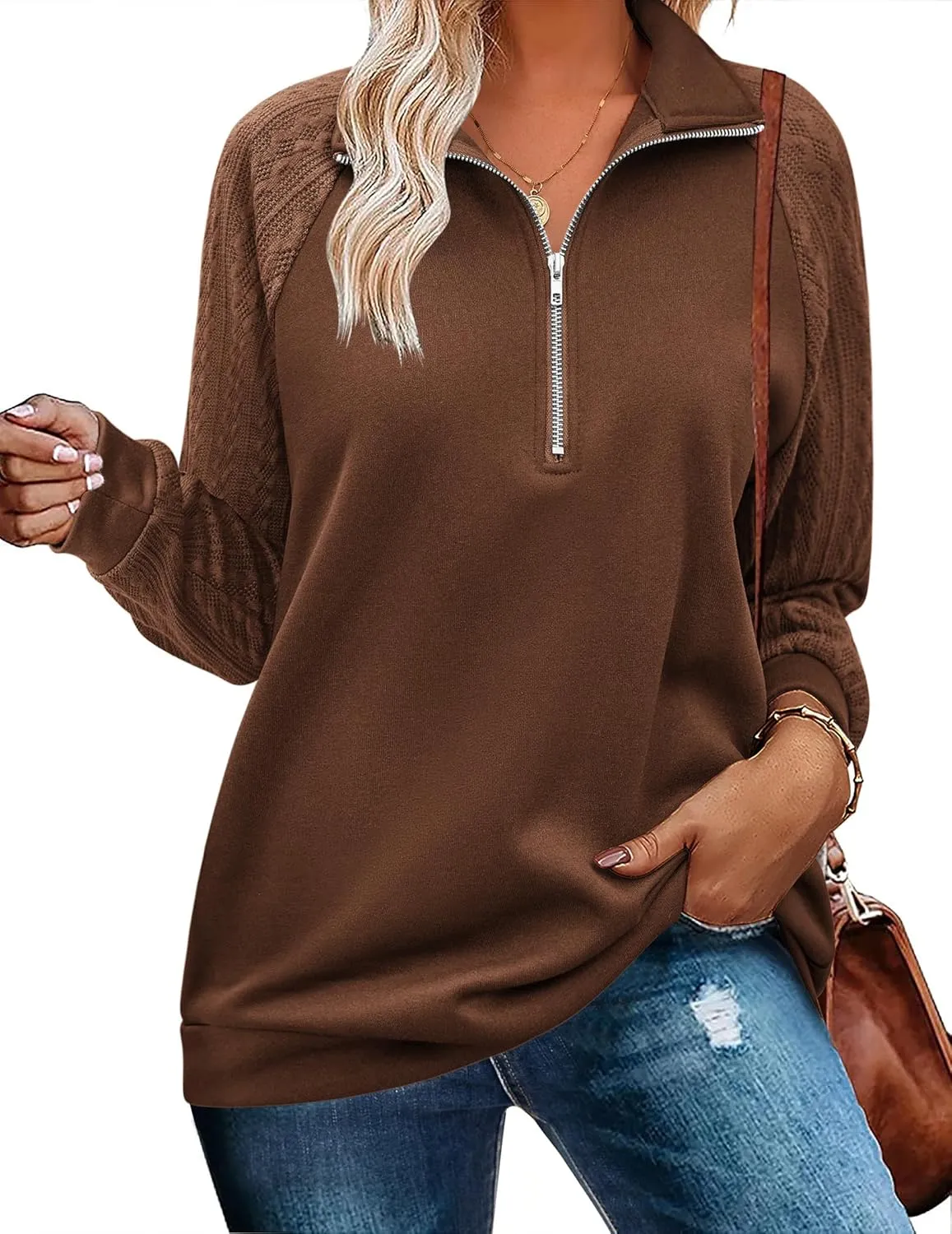 Zeagoo Women's Sweatshrits Quarter Zip Pullover Casual Cable Outfits sold by zeagoo product image thumbnail 5