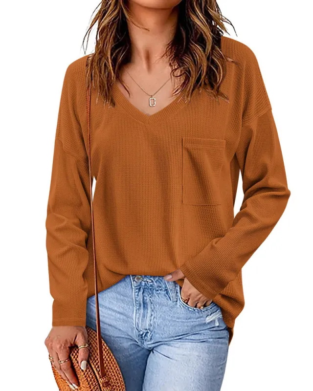 Zeagoo Women Waffle Knit Tops Casual Long Sleeve Shirts Solid Color V Neck Shirt made by zeagoo