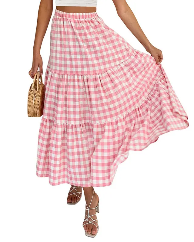 Women's Boho Elastic High Waist Ruffle A Line Swing Beach Long Maxi Skirt with Pockets - Zeagoo (Us Only) made by zeagoo