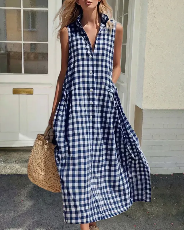 Loose Plaid A-Line Sleeveless Maxi Dress made by zeagoo