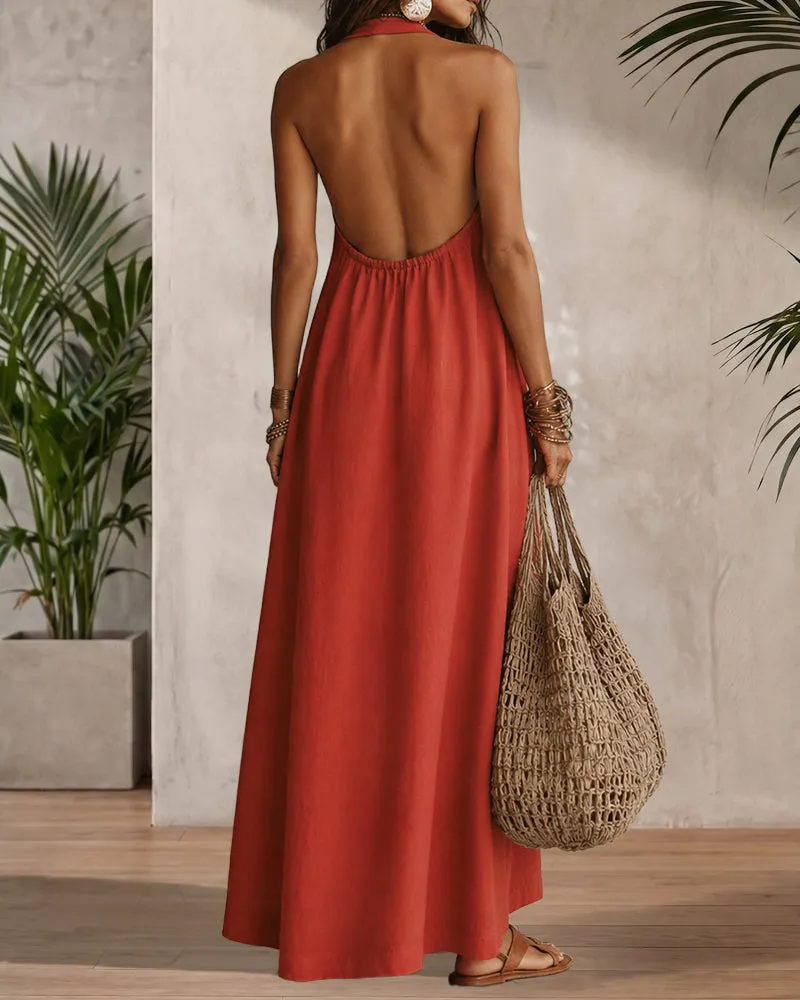 Summer Casual 100% Cotton Open-Back Maxi Dress sold by zeagoo