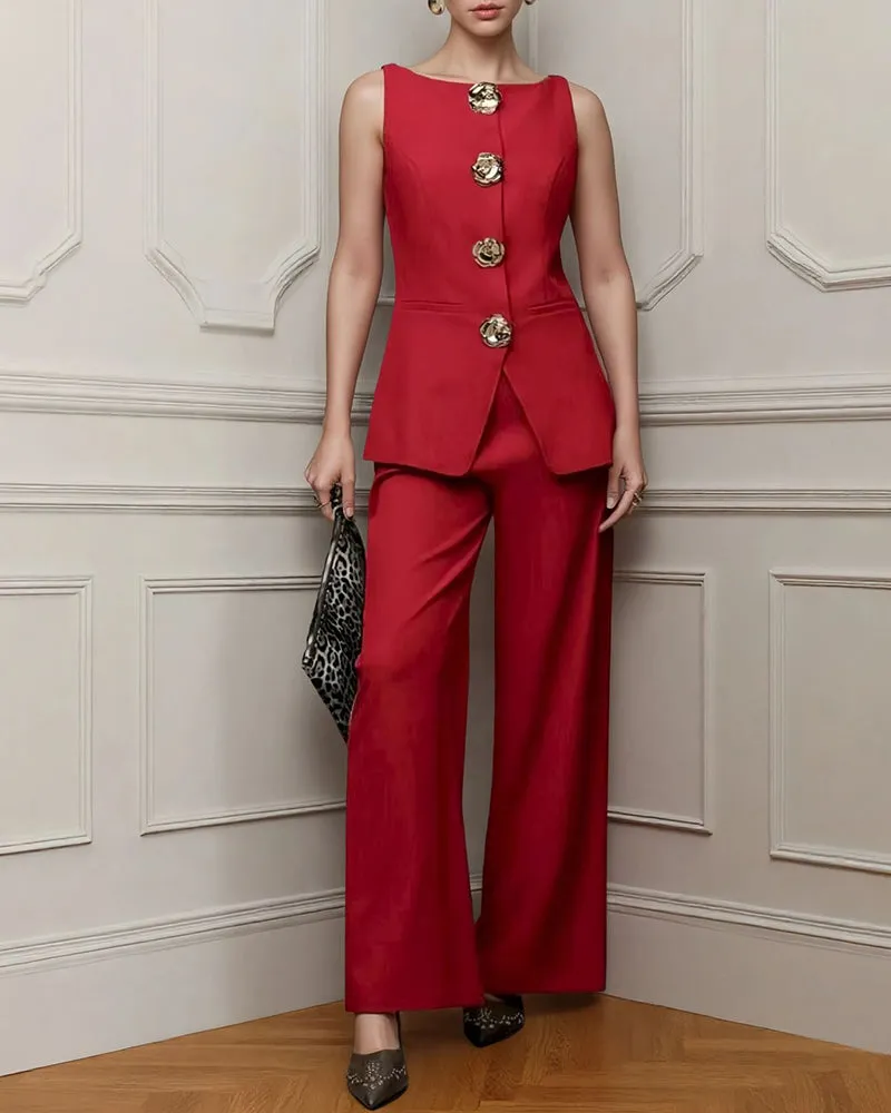 Elegant Gold Floral Button Suit Vest Pants Set sold by zeagoo product image thumbnail 4