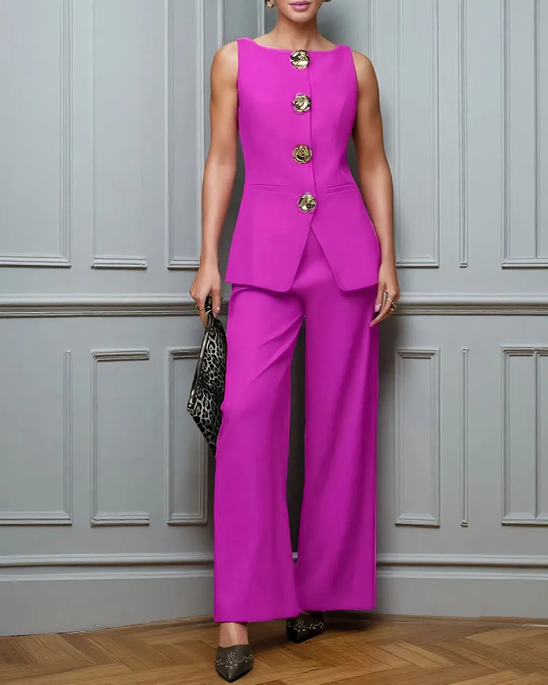 Elegant Gold Floral Button Suit Vest Pants Set sold by zeagoo product image thumbnail 5
