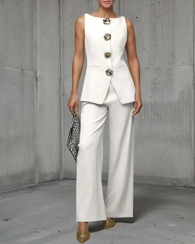 Elegant Gold Floral Button Suit Vest Pants Set made by zeagoo